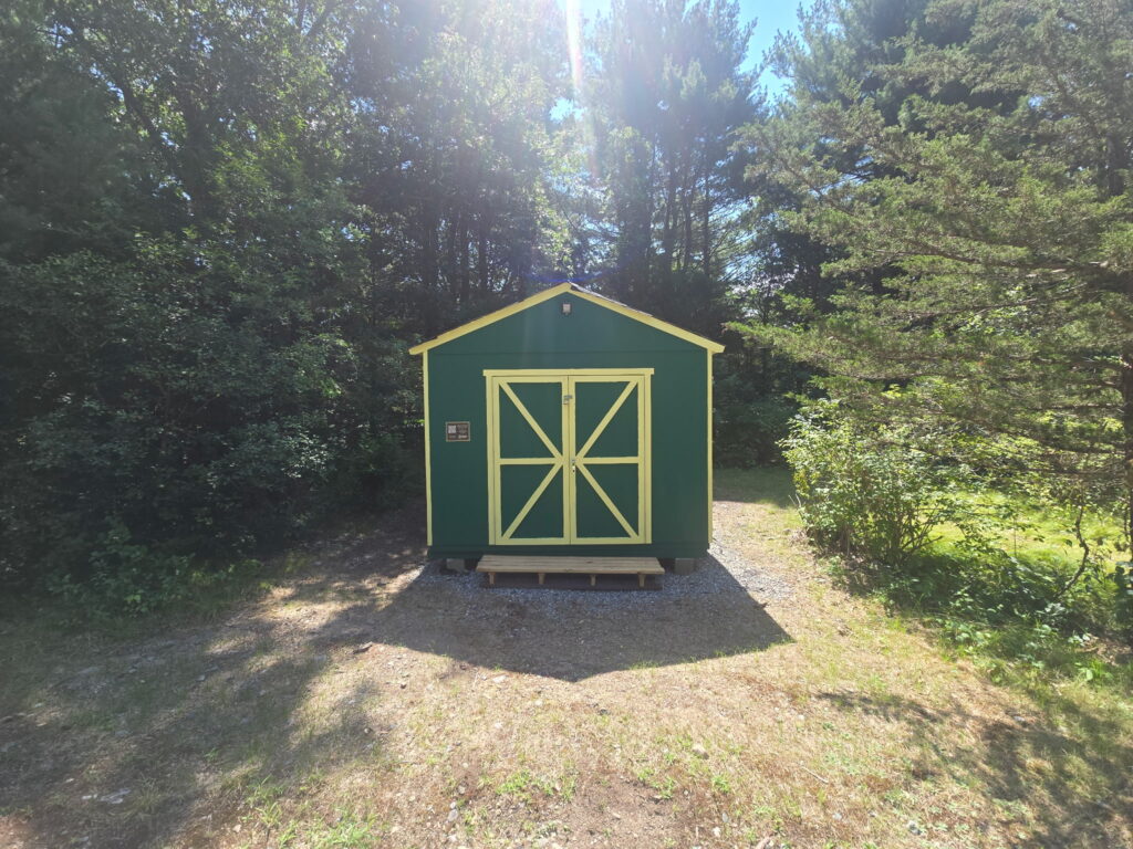 The completed shed painted dark green with cream trim and cross-braced double doors, standing on its gravel pad among the trees