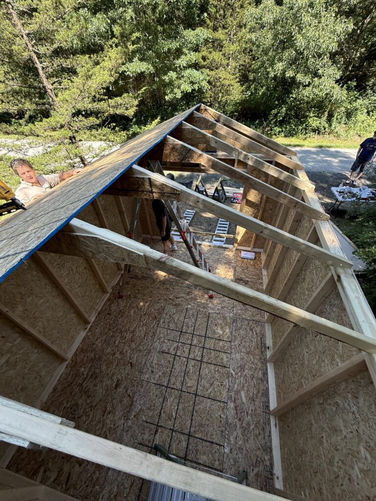 Looking down into the shed from above as the roof rafters and ridge board are fitted between the finished walls