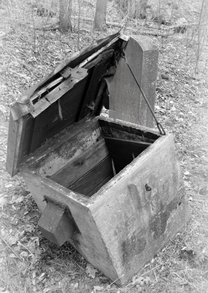 A concrete battery box in the woods with its heavy hinged lid propped open, showing the empty chamber inside
